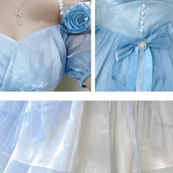 Blue Rose Bubble Sleeve Gradient Princess Lolita Women Dress #1259 - Picture 5 of 6
